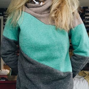 teal/gray/brown striped hoodie!!